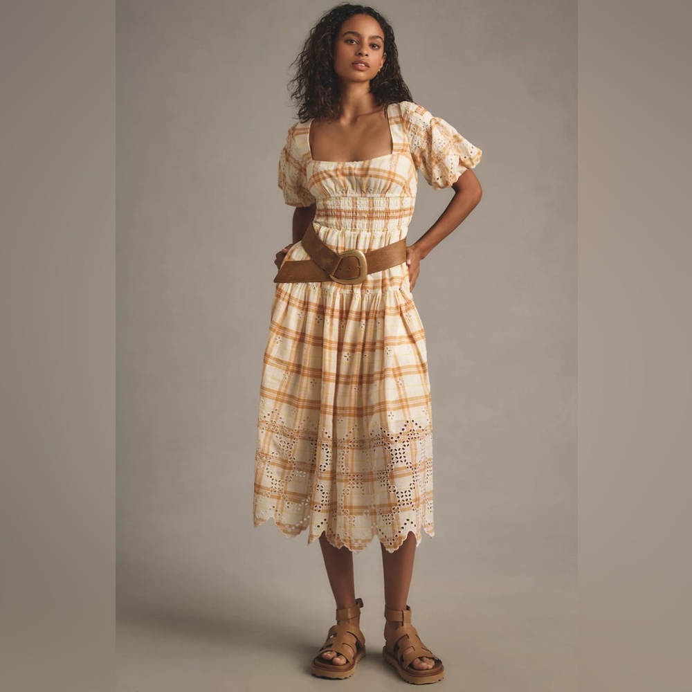 Puff-Sleeve Eyelet Midi Dress - Picture 3 of 15